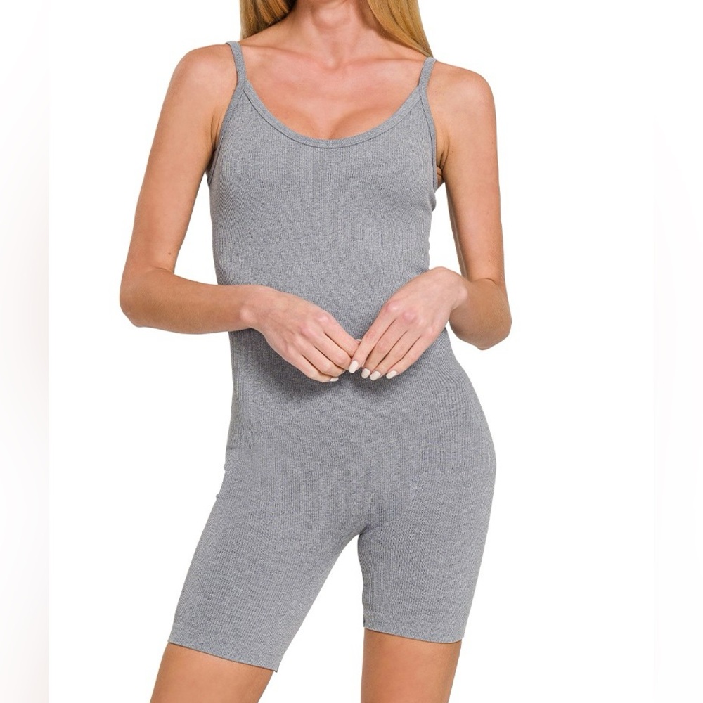 NWT Zenana Gray Seamless Ribbed Cami Top Romper Bodysuit